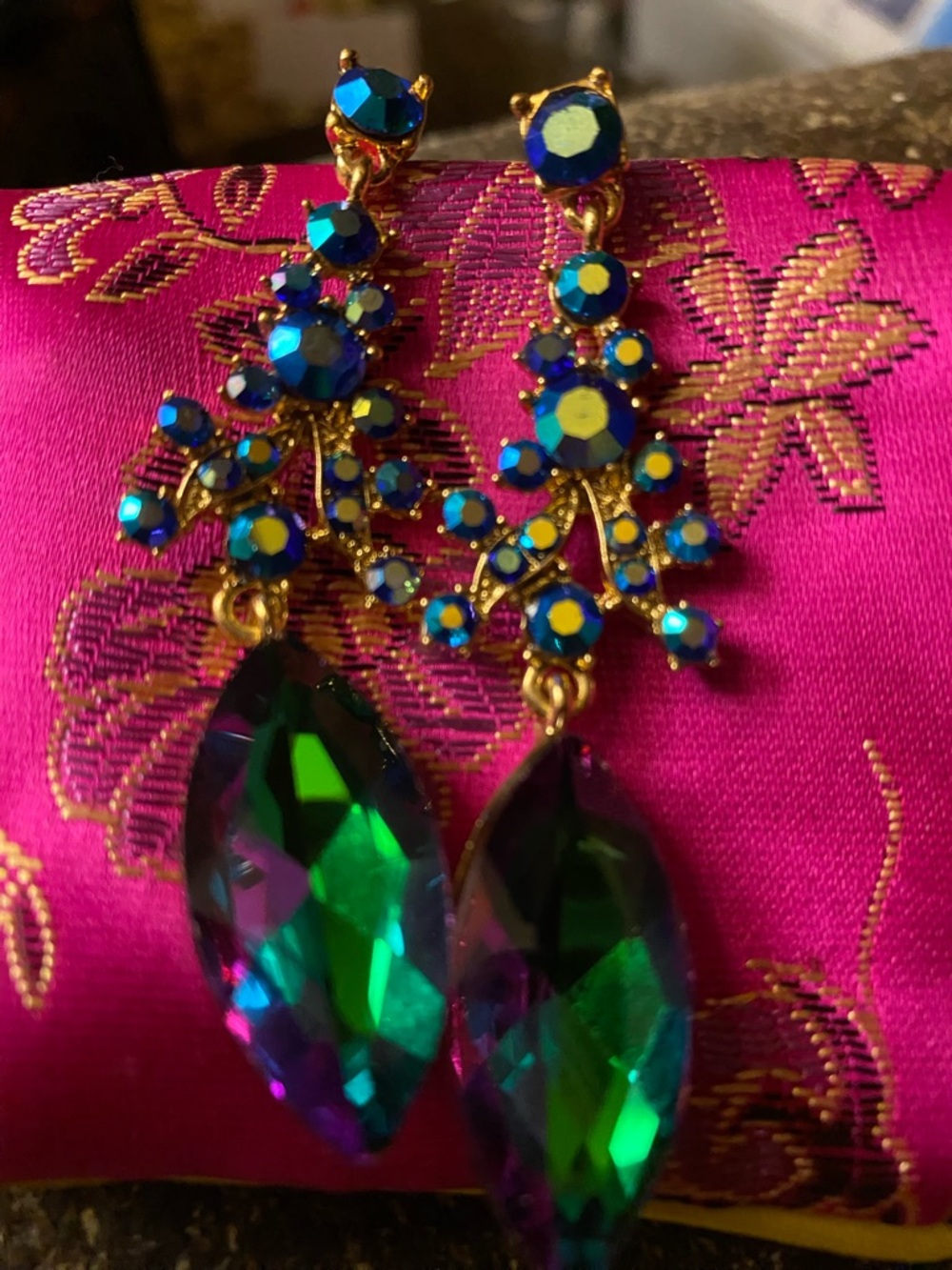 Gold-Tone Earrings with Iridescent Blue and Green Crystal